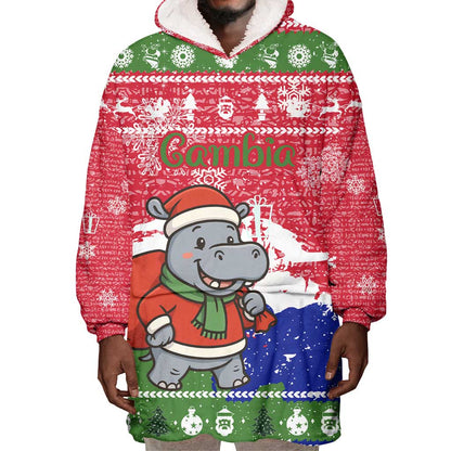 Gambia Christmas Wearable Blanket Hoodie Santa Hippo National Coat of Arms Snowflakes and Festive Holiday - African Pride