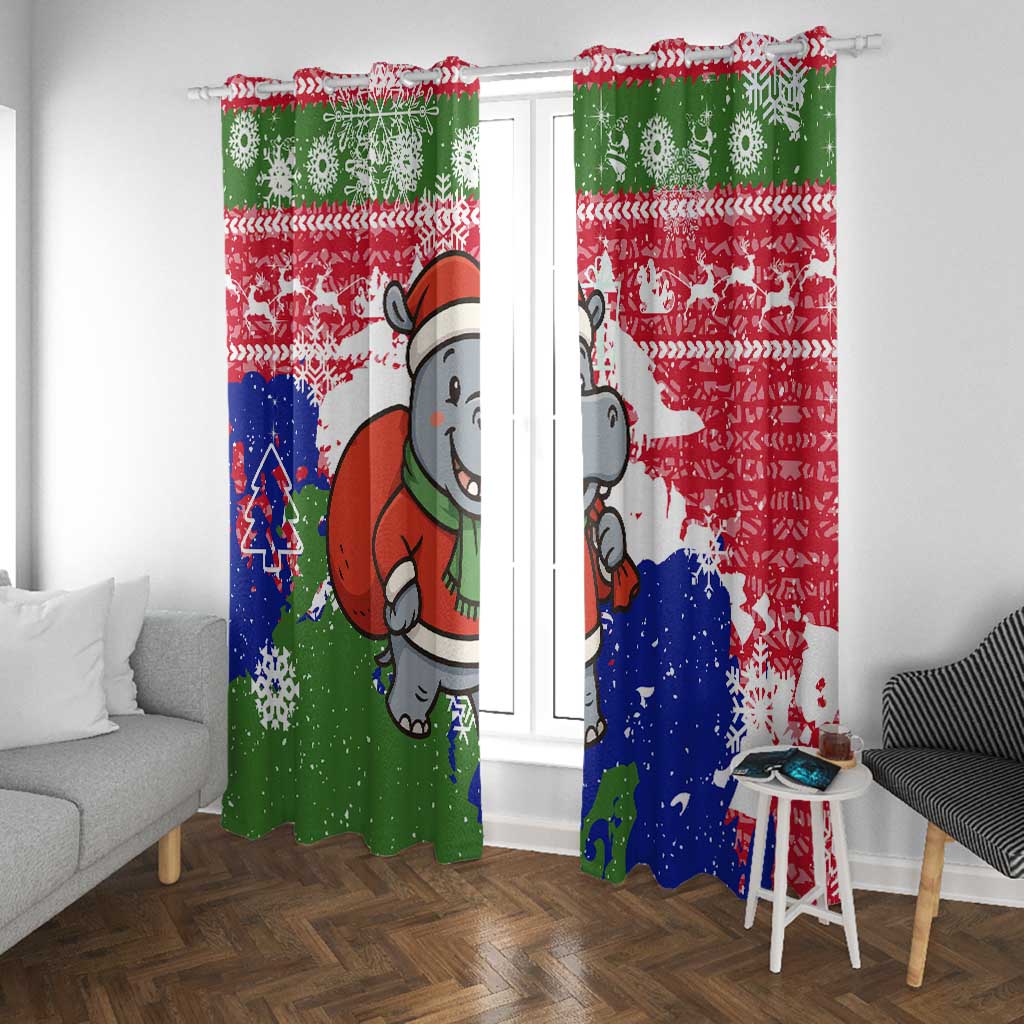Gambia Christmas Window Curtain Santa Hippo National Coat of Arms Snowflakes and Festive Holiday - African Pride