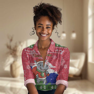Gambia Christmas Women Casual Shirt Santa Hippo National Coat of Arms Snowflakes and Festive Holiday - African Pride