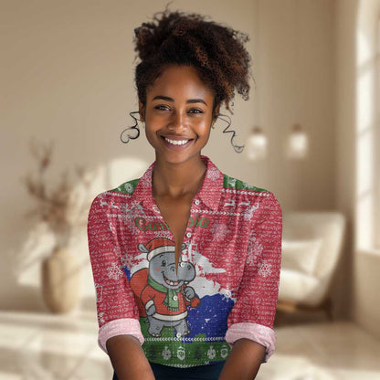 Gambia Christmas Women Casual Shirt Santa Hippo National Coat of Arms Snowflakes and Festive Holiday - African Pride