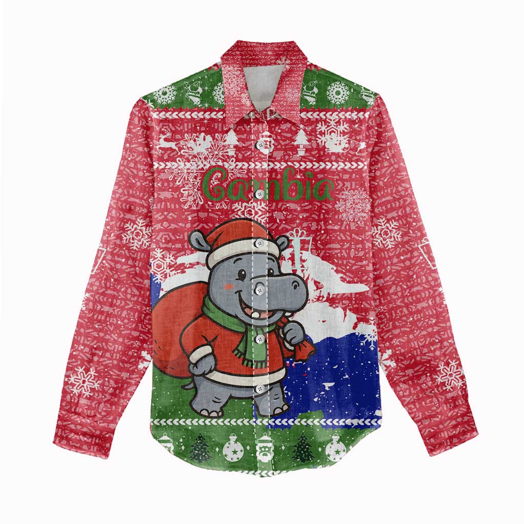 Gambia Christmas Women Casual Shirt Santa Hippo National Coat of Arms Snowflakes and Festive Holiday - African Pride