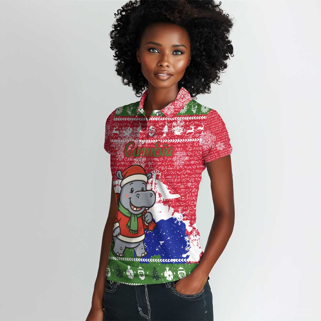 Gambia Christmas Women Polo Shirt Santa Hippo National Coat of Arms Snowflakes and Festive Holiday - African Pride