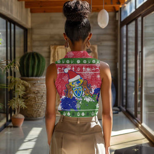 Gambia Christmas Women Sleeveless Polo Shirt Santa Hippo National Coat of Arms Snowflakes and Festive Holiday - African Pride