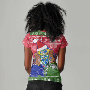 Gambia Christmas Women V-Neck T-Shirt Santa Hippo National Coat of Arms Snowflakes and Festive Holiday - African Pride