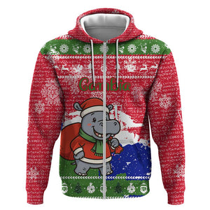 Gambia Christmas Zip Hoodie Santa Hippo National Coat of Arms Snowflakes and Festive Holiday - African Pride