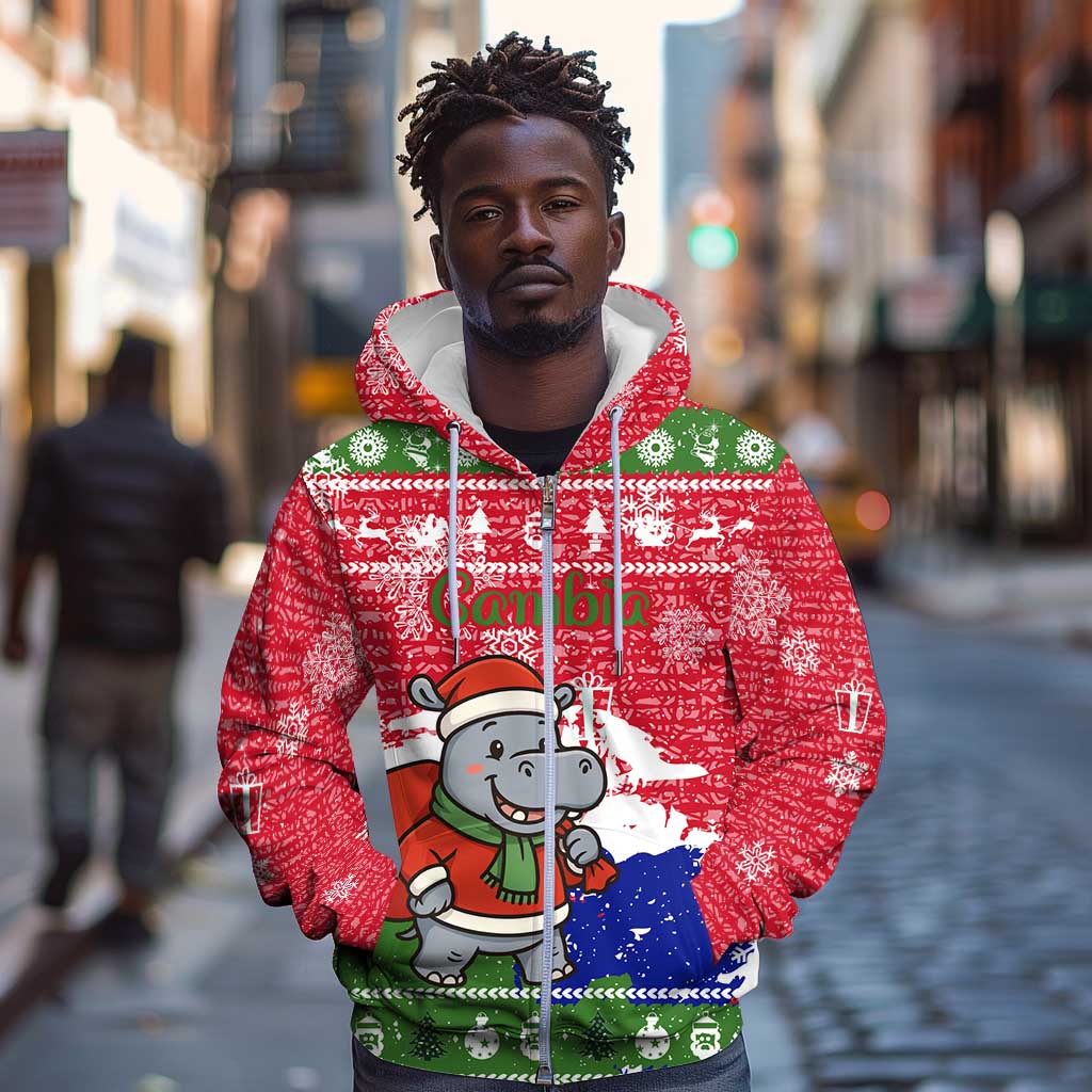 Gambia Christmas Zip Hoodie Santa Hippo National Coat of Arms Snowflakes and Festive Holiday - African Pride