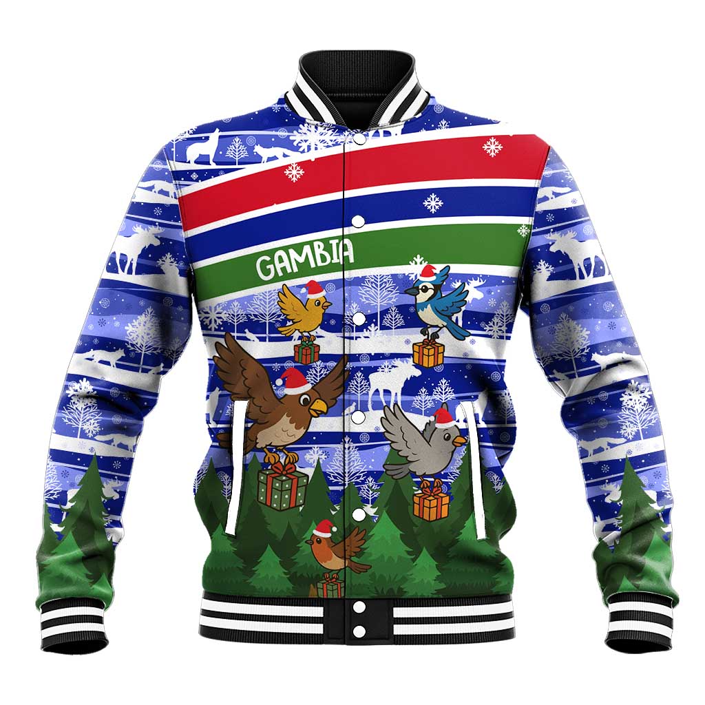 Gambia Christmas Baseball Jacket Santa Birds Gift Boxes Forest Scene and Snowflake - African Pride