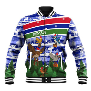 Gambia Christmas Baseball Jacket Santa Birds Gift Boxes Forest Scene and Snowflake - African Pride