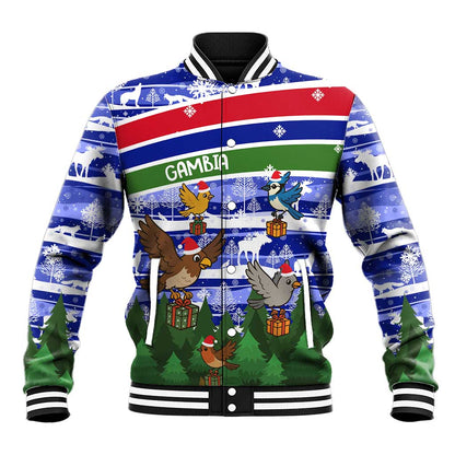 Gambia Christmas Baseball Jacket Santa Birds Gift Boxes Forest Scene and Snowflake - African Pride