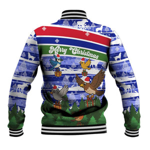 Gambia Christmas Baseball Jacket Santa Birds Gift Boxes Forest Scene and Snowflake - African Pride
