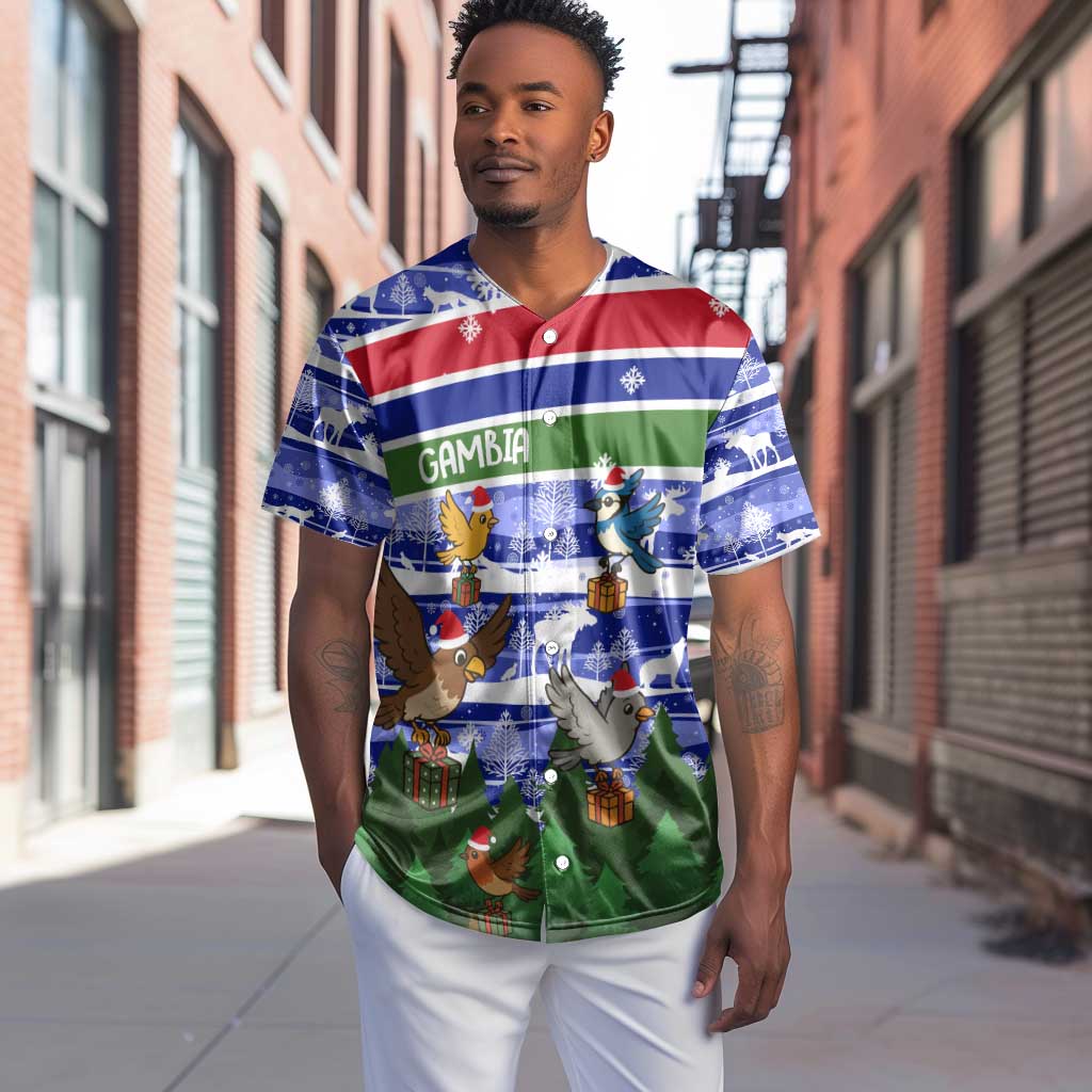 Gambia Christmas Baseball Jersey Santa Birds Gift Boxes Forest Scene and Snowflake - African Pride