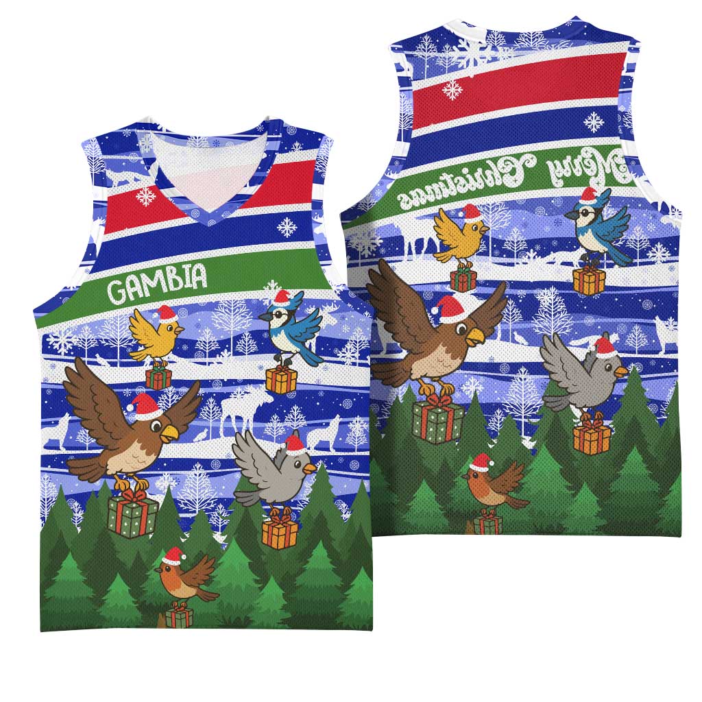 Gambia Christmas Basketball Jersey Santa Birds Gift Boxes Forest Scene and Snowflake - African Pride