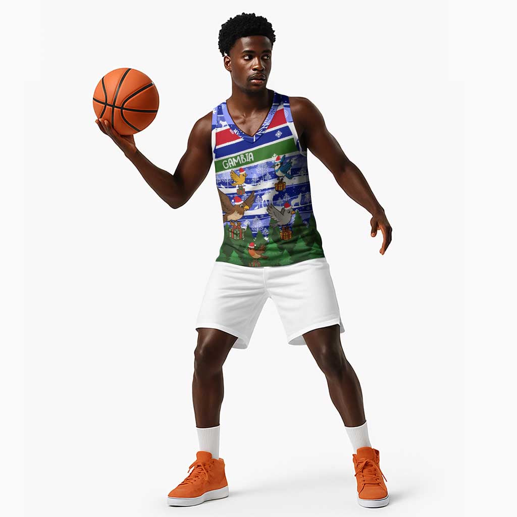 Gambia Christmas Basketball Jersey Santa Birds Gift Boxes Forest Scene and Snowflake - African Pride