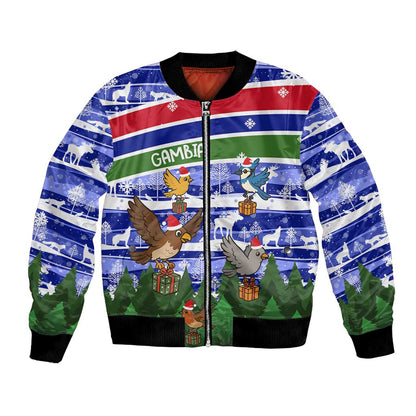 Gambia Christmas Bomber Jacket Santa Birds Gift Boxes Forest Scene and Snowflake - African Pride