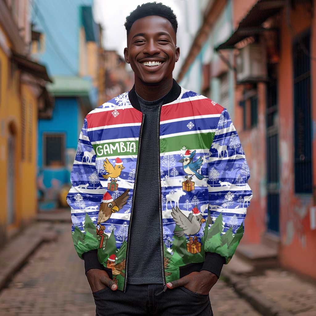 Gambia Christmas Bomber Jacket Santa Birds Gift Boxes Forest Scene and Snowflake - African Pride