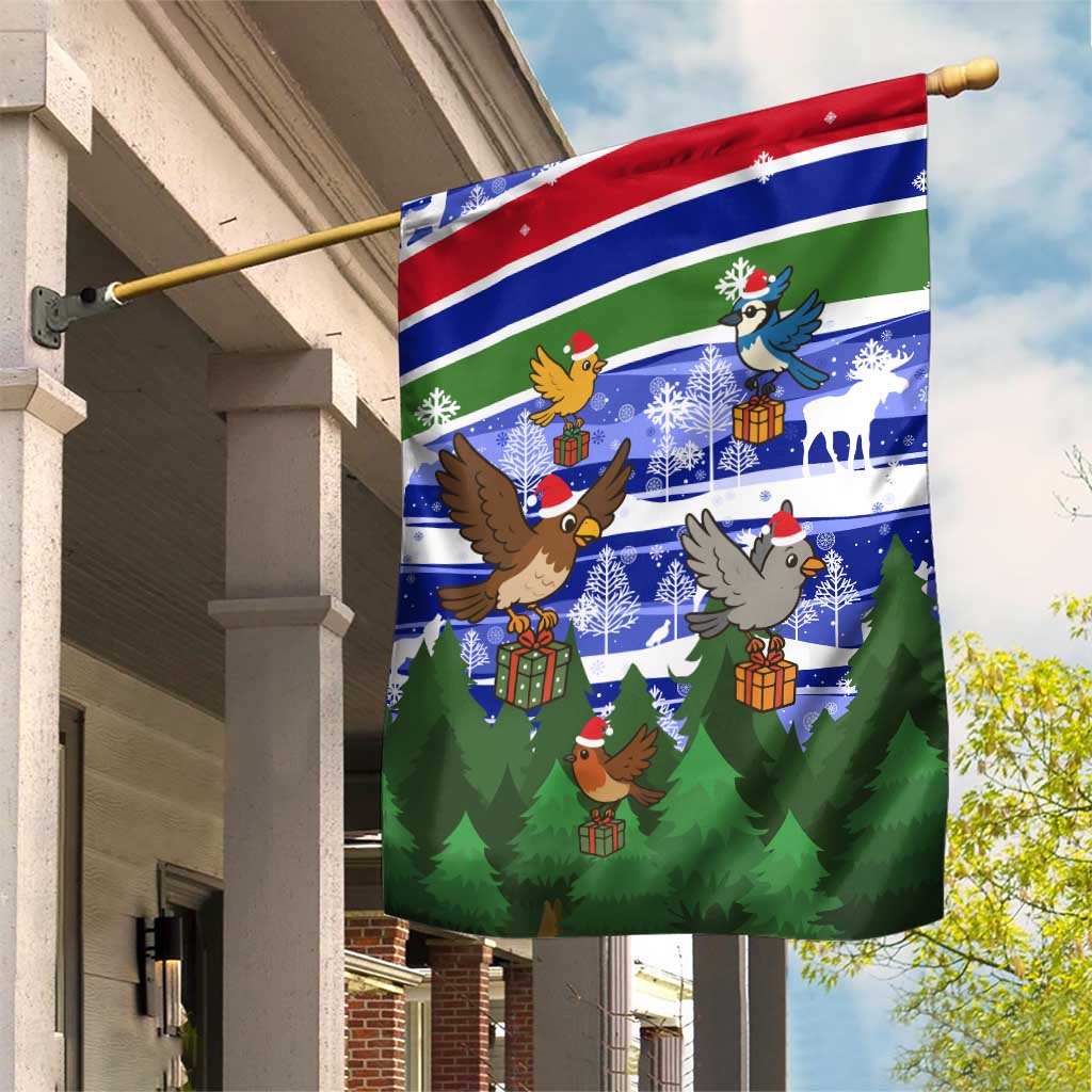 Gambia Christmas Garden Flag Santa Birds Gift Boxes Forest Scene and Snowflake - African Pride