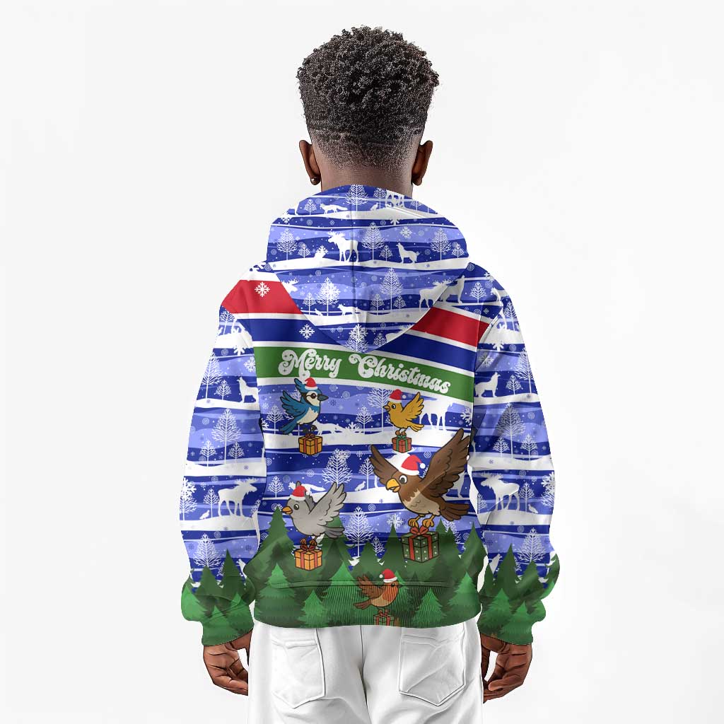 Gambia Christmas Kid Hoodie Santa Birds Gift Boxes Forest Scene and Snowflake - African Pride