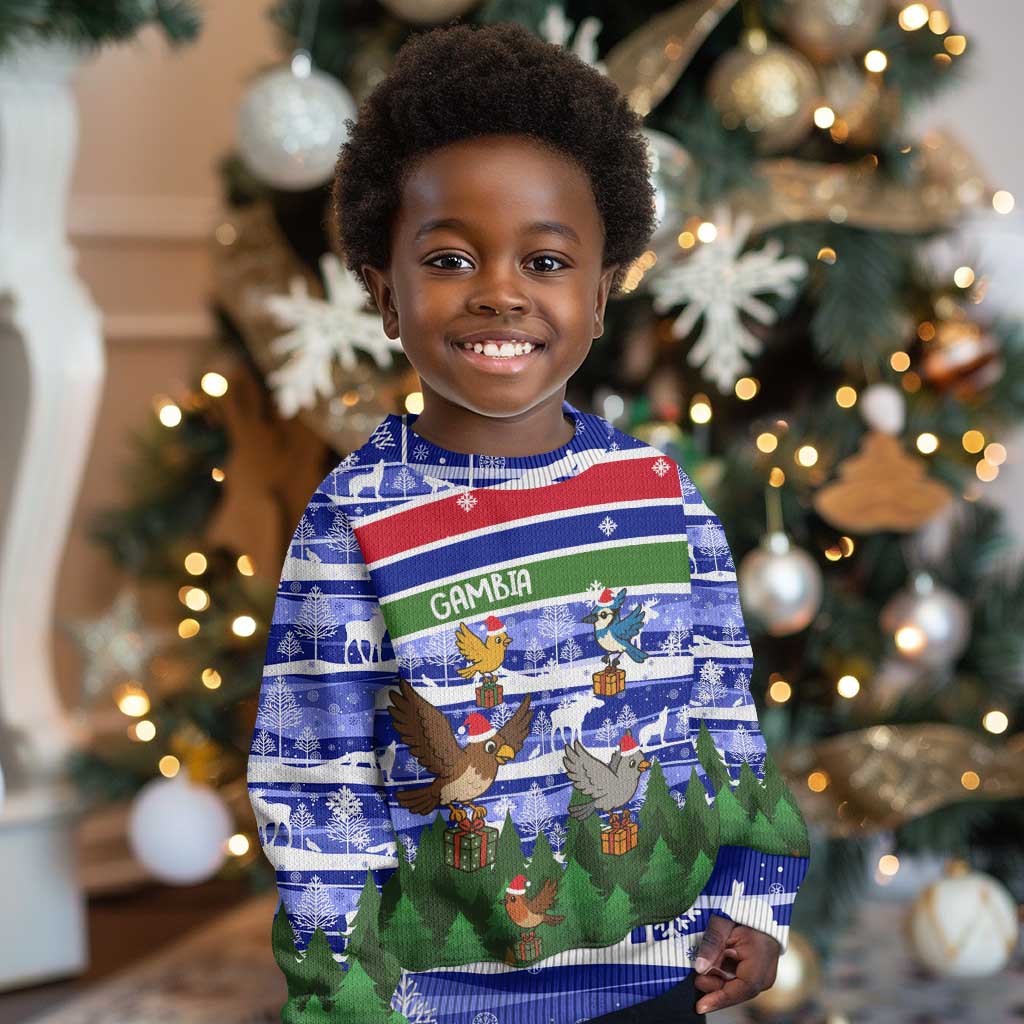 Gambia Christmas Kid Ugly Christmas Sweater Santa Birds Gift Boxes Forest Scene and Snowflake - African Pride