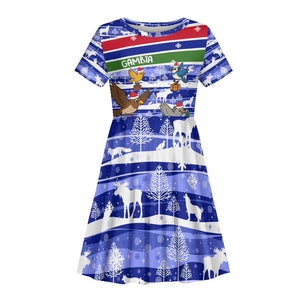 Gambia Christmas Kid Short Sleeve Dress Santa Birds Gift Boxes Forest Scene and Snowflake - African Pride