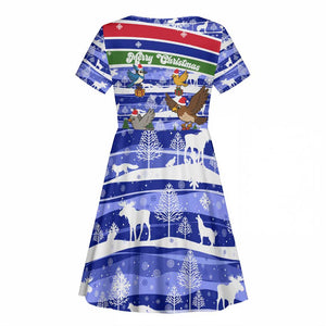Gambia Christmas Kid Short Sleeve Dress Santa Birds Gift Boxes Forest Scene and Snowflake - African Pride