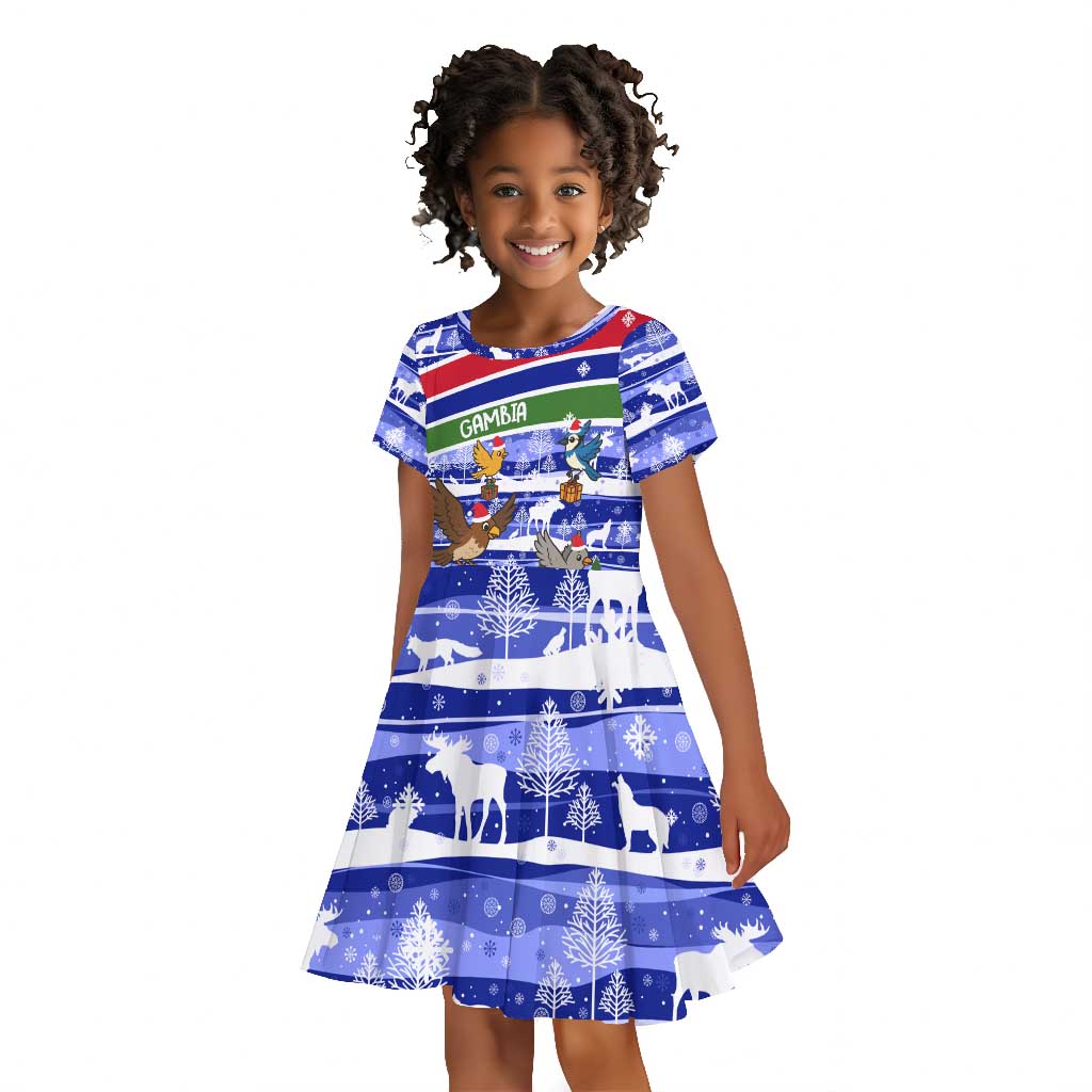 Gambia Christmas Kid Short Sleeve Dress Santa Birds Gift Boxes Forest Scene and Snowflake - African Pride