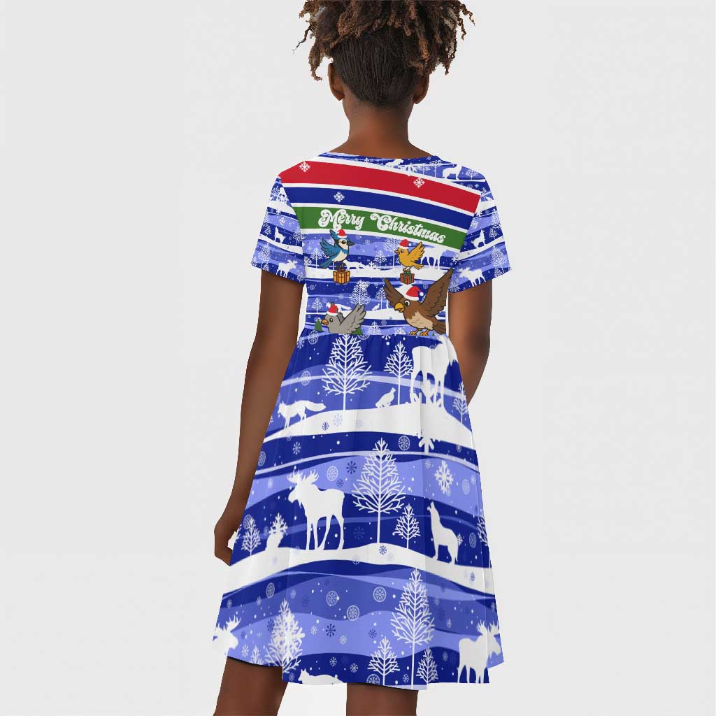 Gambia Christmas Kid Short Sleeve Dress Santa Birds Gift Boxes Forest Scene and Snowflake - African Pride