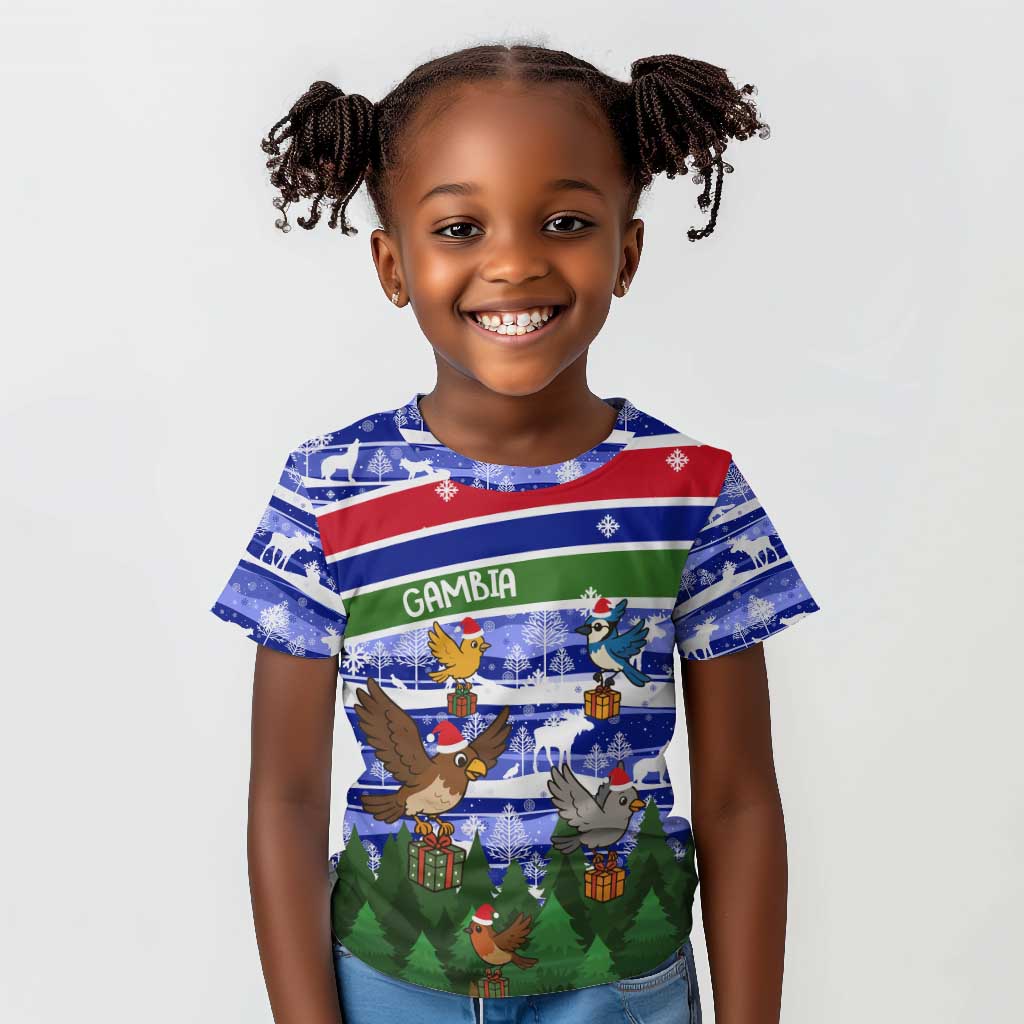 Gambia Christmas Kid T shirt Santa Birds Gift Boxes Forest Scene and Snowflake - African Pride