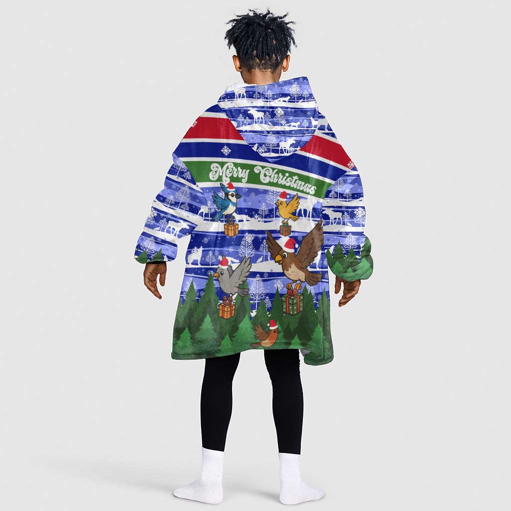 Gambia Christmas Kid Wearable Blanket Hoodie Santa Birds Gift Boxes Forest Scene and Snowflake - African Pride