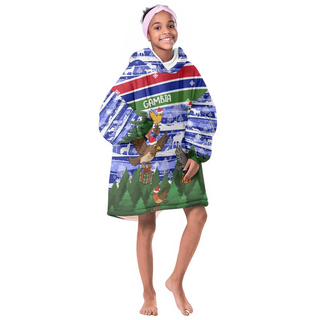 Gambia Christmas Kid Wearable Blanket Hoodie Santa Birds Gift Boxes Forest Scene and Snowflake - African Pride