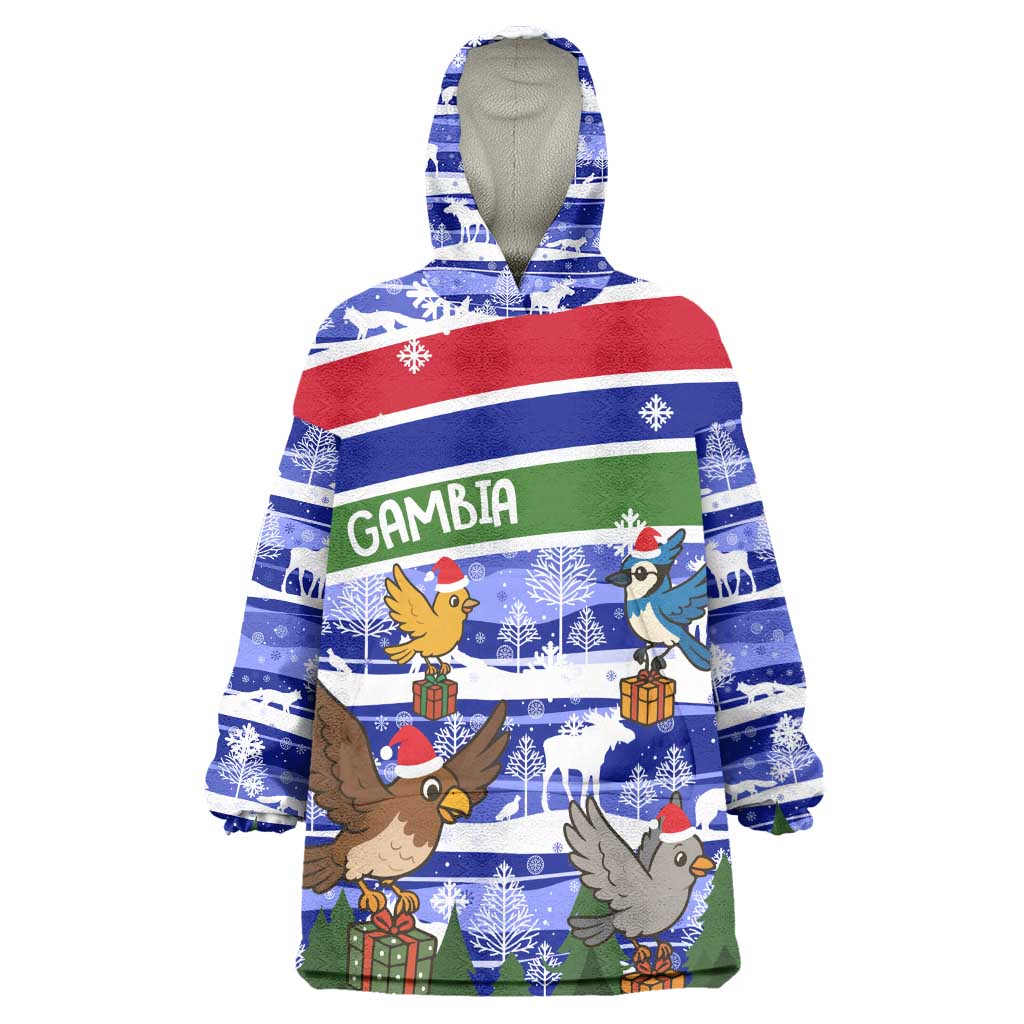 Gambia Christmas Kid Wearable Blanket Hoodie Santa Birds Gift Boxes Forest Scene and Snowflake - African Pride