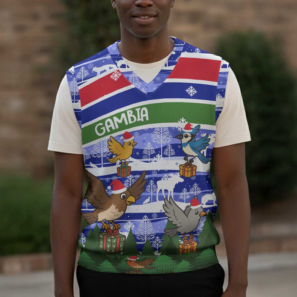 Gambia Christmas Knitted V-Neck Vest Santa Birds Gift Boxes Forest Scene and Snowflake - African Pride