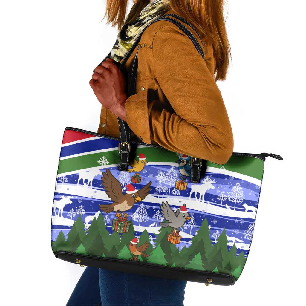 Gambia Christmas Leather Tote Bag Santa Birds Gift Boxes Forest Scene and Snowflake - African Pride
