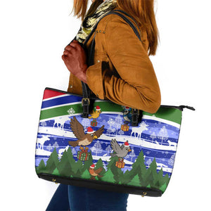 Gambia Christmas Leather Tote Bag Santa Birds Gift Boxes Forest Scene and Snowflake - African Pride