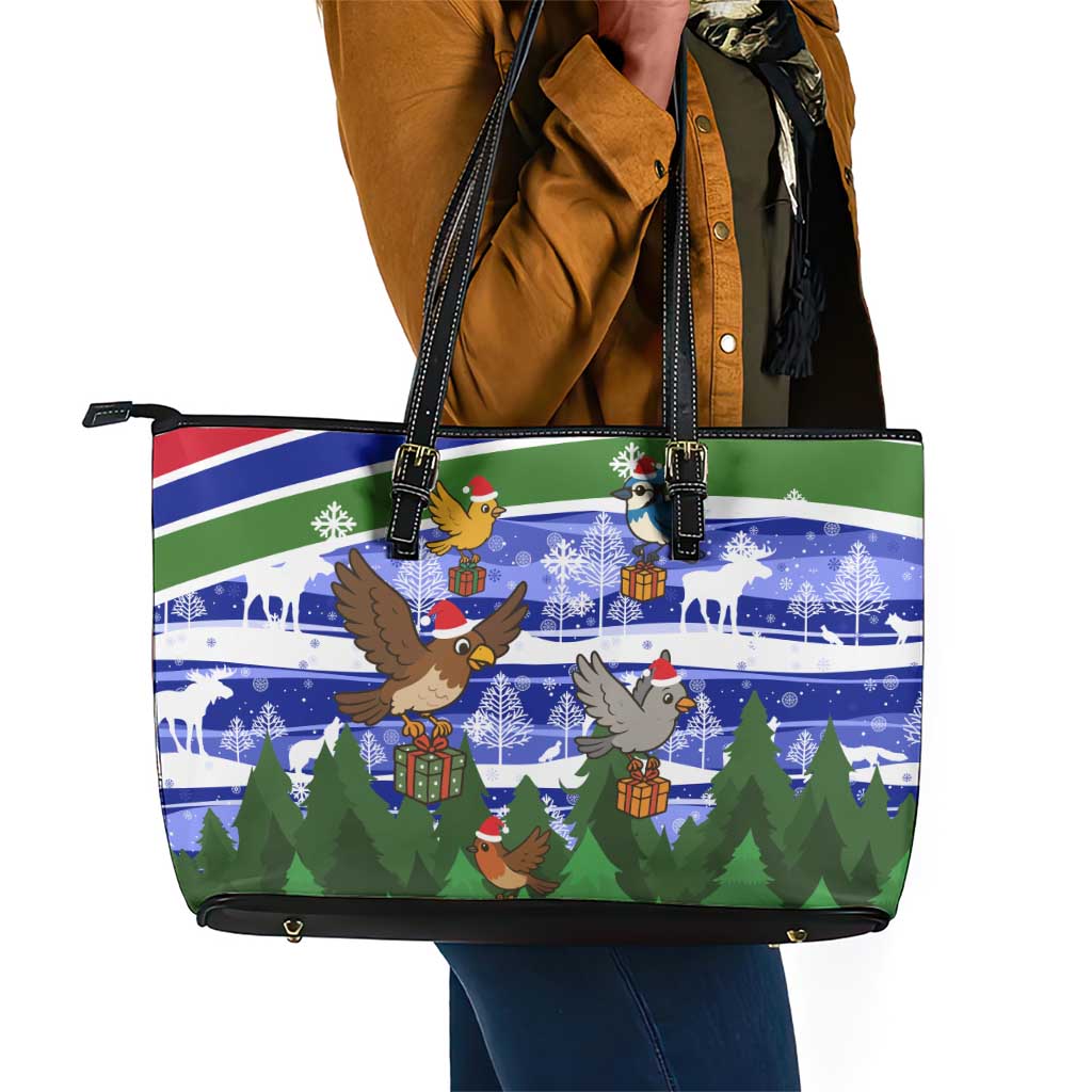 Gambia Christmas Leather Tote Bag Santa Birds Gift Boxes Forest Scene and Snowflake - African Pride