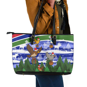 Gambia Christmas Leather Tote Bag Santa Birds Gift Boxes Forest Scene and Snowflake - African Pride