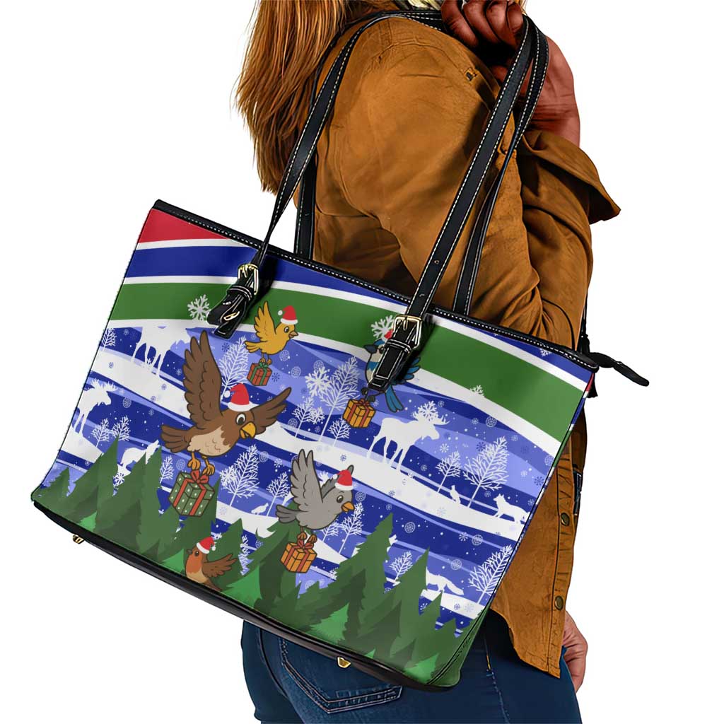 Gambia Christmas Leather Tote Bag Santa Birds Gift Boxes Forest Scene and Snowflake - African Pride