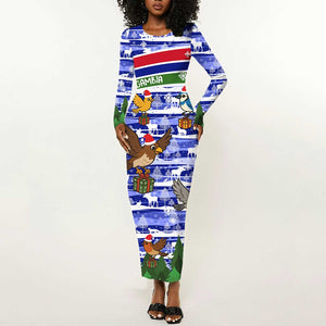 Gambia Christmas Long Sleeve Bodycon Dress Santa Birds Gift Boxes Forest Scene and Snowflake - African Pride
