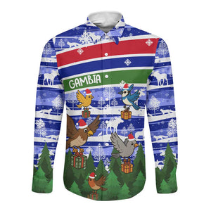 Gambia Christmas Long Sleeve Button Shirt Santa Birds Gift Boxes Forest Scene and Snowflake - African Pride