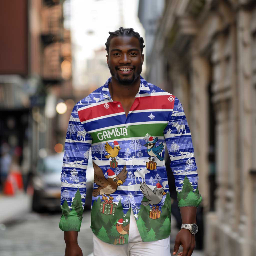 Gambia Christmas Long Sleeve Button Shirt Santa Birds Gift Boxes Forest Scene and Snowflake - African Pride