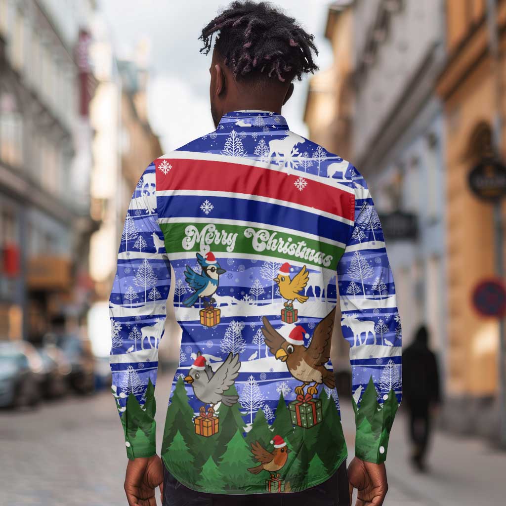 Gambia Christmas Long Sleeve Button Shirt Santa Birds Gift Boxes Forest Scene and Snowflake - African Pride