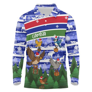 Gambia Christmas Long Sleeve Polo Shirt Santa Birds Gift Boxes Forest Scene and Snowflake - African Pride