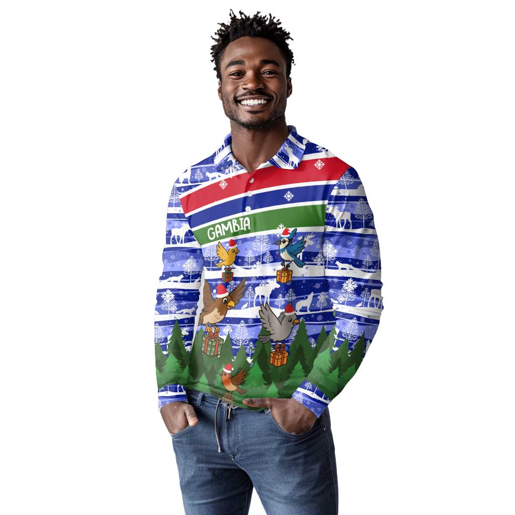 Gambia Christmas Long Sleeve Polo Shirt Santa Birds Gift Boxes Forest Scene and Snowflake - African Pride