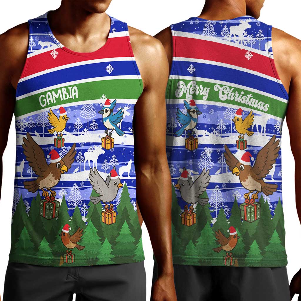 Gambia Christmas Men Tank Top Santa Birds Gift Boxes Forest Scene and Snowflake - African Pride