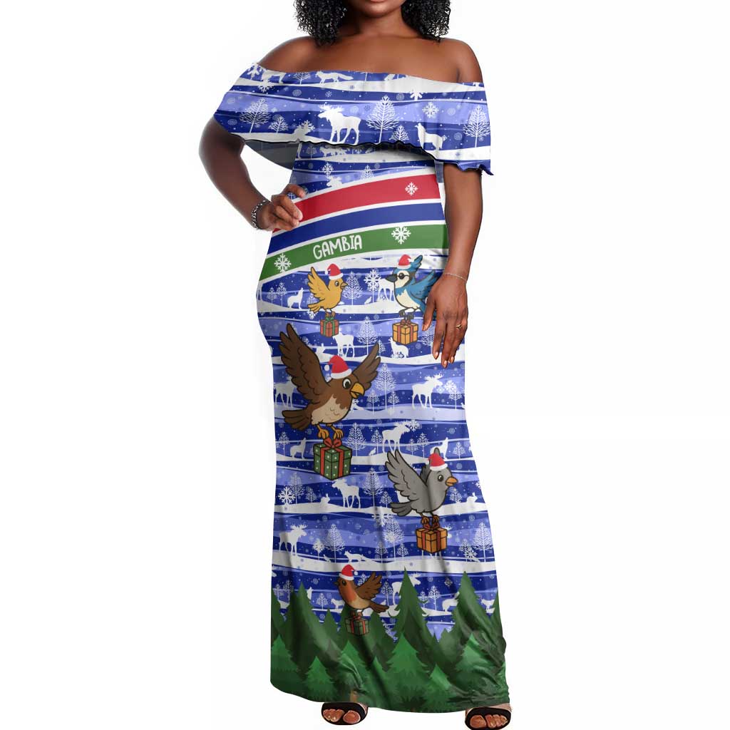 Gambia Christmas Off Shoulder Maxi Dress Santa Birds Gift Boxes Forest Scene and Snowflake - African Pride