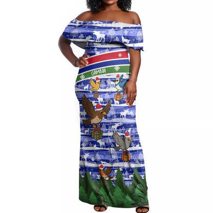 Gambia Christmas Off Shoulder Maxi Dress Santa Birds Gift Boxes Forest Scene and Snowflake - African Pride