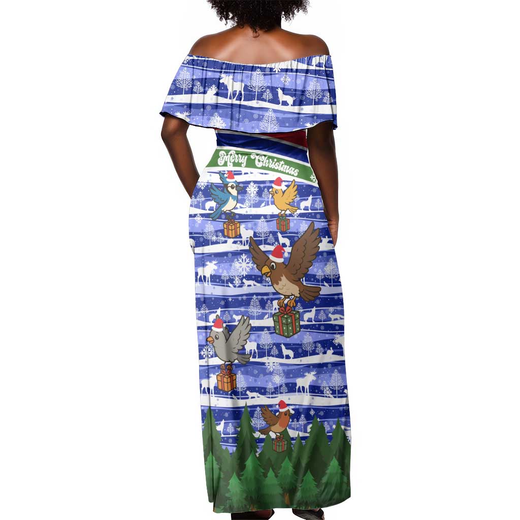 Gambia Christmas Off Shoulder Maxi Dress Santa Birds Gift Boxes Forest Scene and Snowflake - African Pride