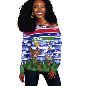 Gambia Christmas Off Shoulder Sweater Santa Birds Gift Boxes Forest Scene and Snowflake - African Pride