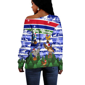 Gambia Christmas Off Shoulder Sweater Santa Birds Gift Boxes Forest Scene and Snowflake - African Pride