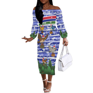 Gambia Christmas Off The Shoulder Long Sleeve Dress Santa Birds Gift Boxes Forest Scene and Snowflake - African Pride