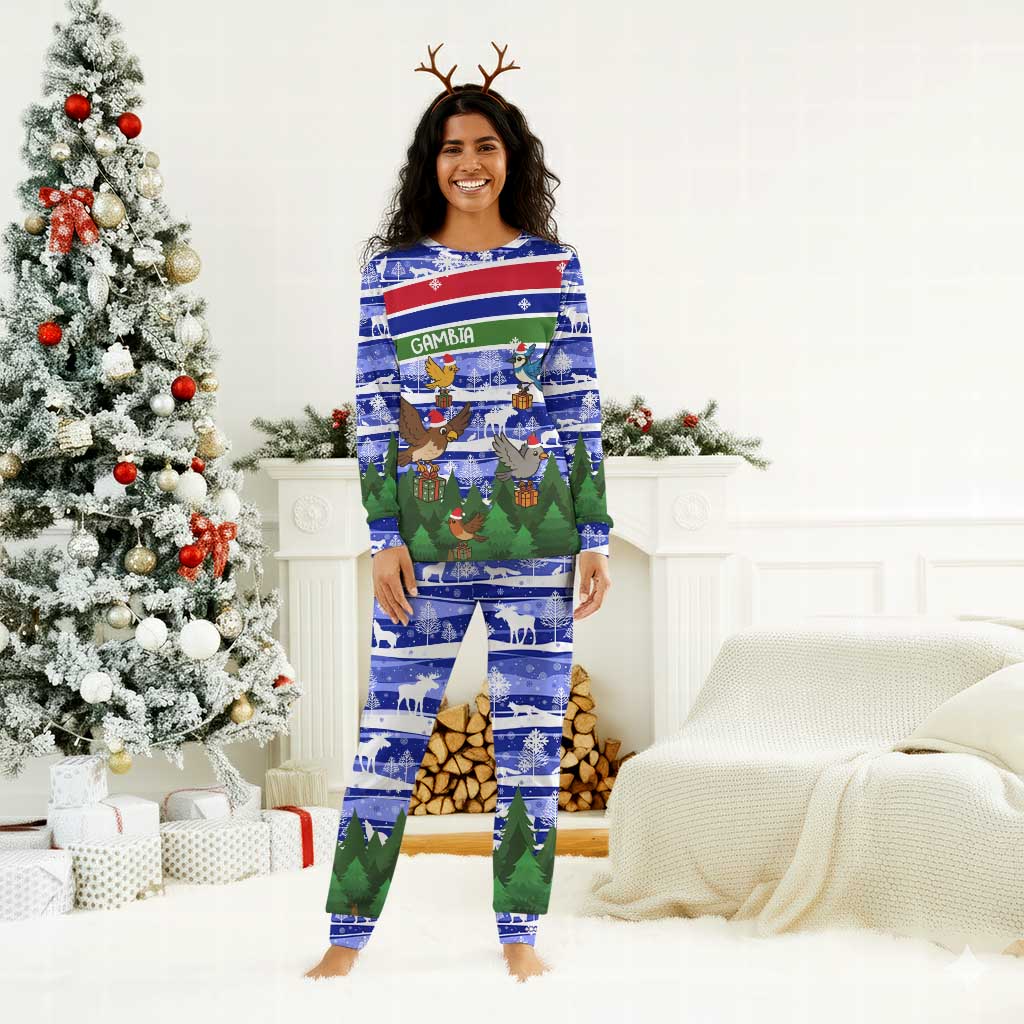 Gambia Christmas Pajama Set Santa Birds Gift Boxes Forest Scene and Snowflake - African Pride